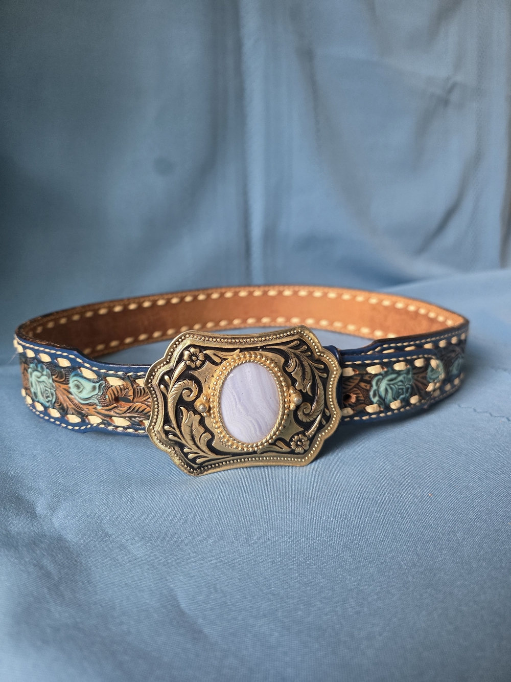 Vintage Brazos Joe Western Tooled Leather Belt Turquoise & “KEN” Unisex Sz 38